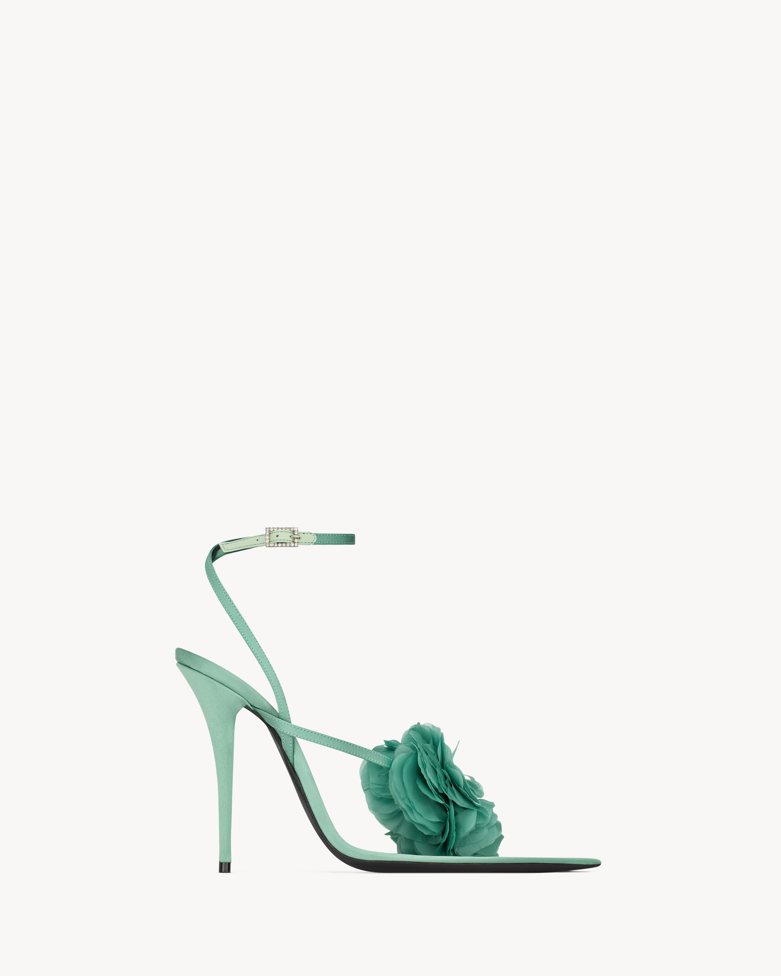 stiletto thong sandals with a pointed toe, featuring a handcrafted nylon flower and rhinestone bu... | Saint Laurent Inc. (Global)