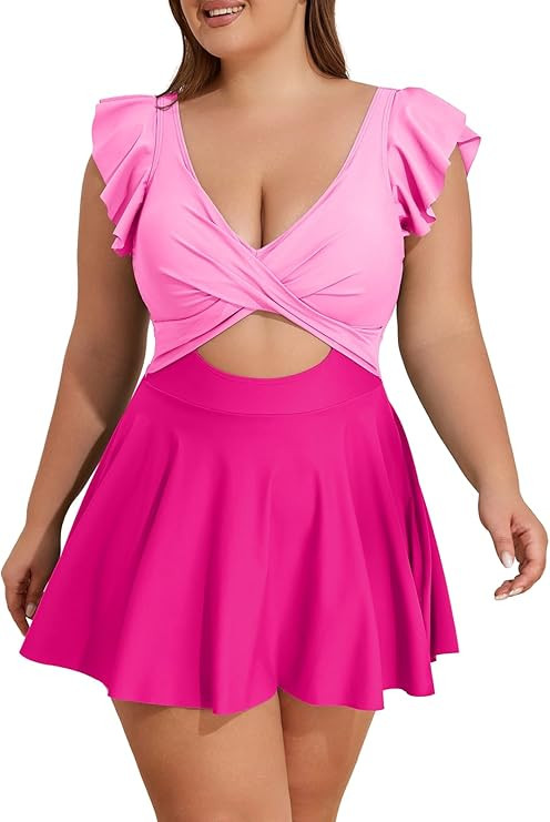 B2prity Women's Plus Size Swimsuit Tummy Control One Piece Swimdress Ruffle V Neck Cutout Wrap Ba... | Amazon (US)