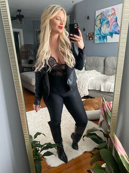 Easy all black outfit for brunch or dinner! Spanx and a cute lazy bloody suit, with a faux leather blazer jacket. 

#LTKMostLoved #LTKstyletip #LTKfindsunder50