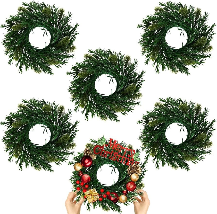 6 Pcs Christmas DIY Gree Wreath 10 Inch Green Artificial Wreaths DIY Faux Plain Wreaths Front Doo... | Amazon (US)