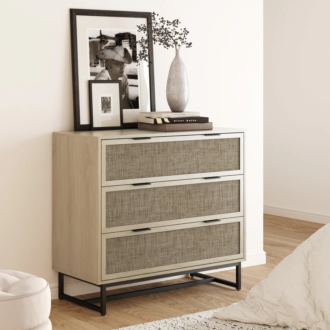 Rattan, Wood & Metal 3-Drawer Dresser Oak | Nathan James