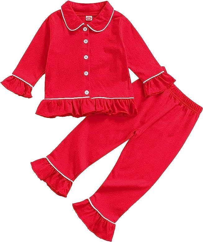 KMBANGI Toddler Baby Girl Two Piece Pajamas Set Long Sleeve Ruffle Button Down Pajamas Top Pants Sle | Amazon (US)