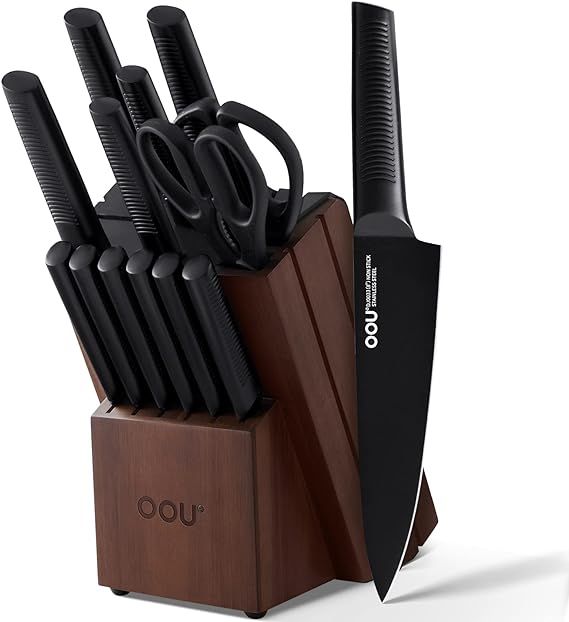 OOU! Kitchen Knife Set with Block, 15 Pieces High Carbon Stainless Steel Knife Block Set, Profess... | Amazon (US)