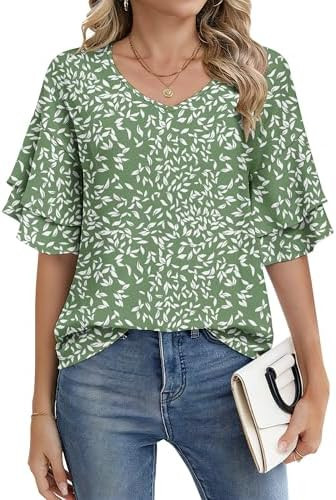 AUSELILY Ruffle Short Sleeve Blouses for Women Dressy Casual 2026 V Neck Summer Shirts Women Bell... | Amazon (US)