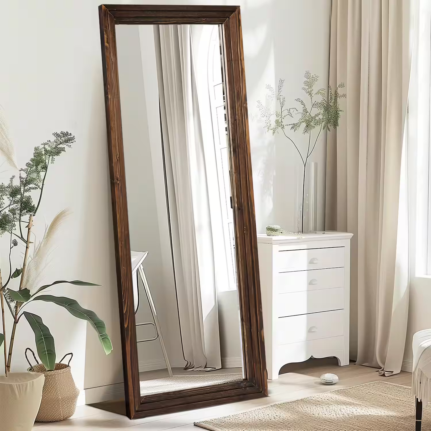 Refined Abode Design - Full Length Mirror Solid Wood Frame Floor With Stand For Living Room Bedroom Hanging Standing Or Leaning - Brown 65""L x 24""W | Best Buy U.S.