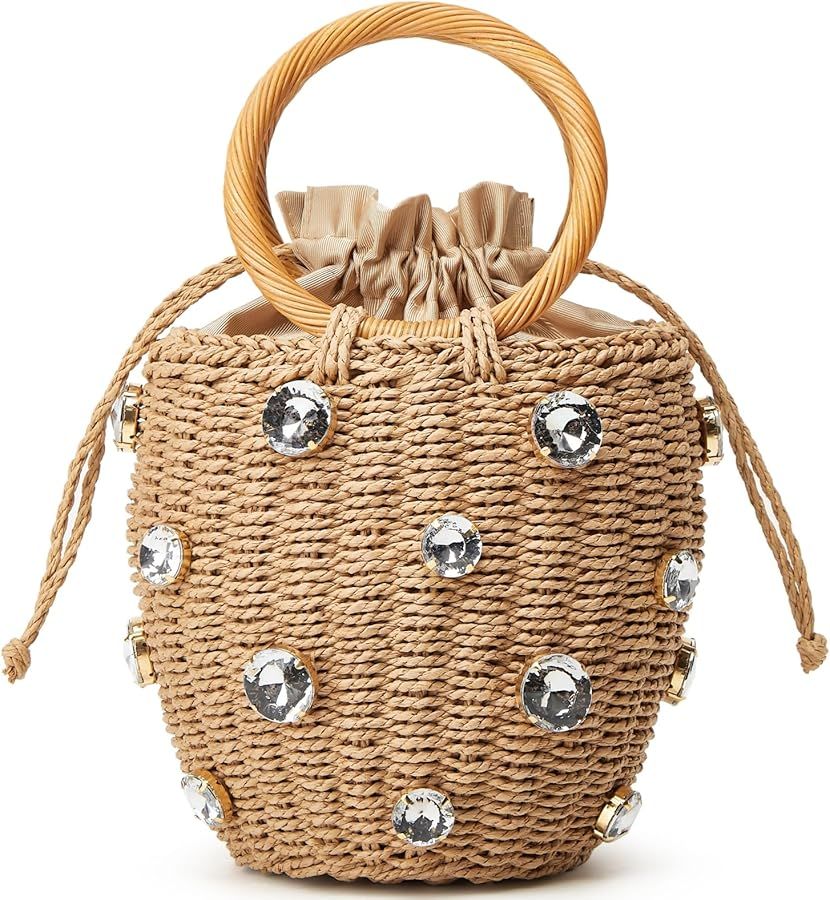 Summer Straw Bag for Women Pearl Flower Bucket Tote Bag Diamond Handbag Hand Woven Rattan Shell P... | Amazon (US)