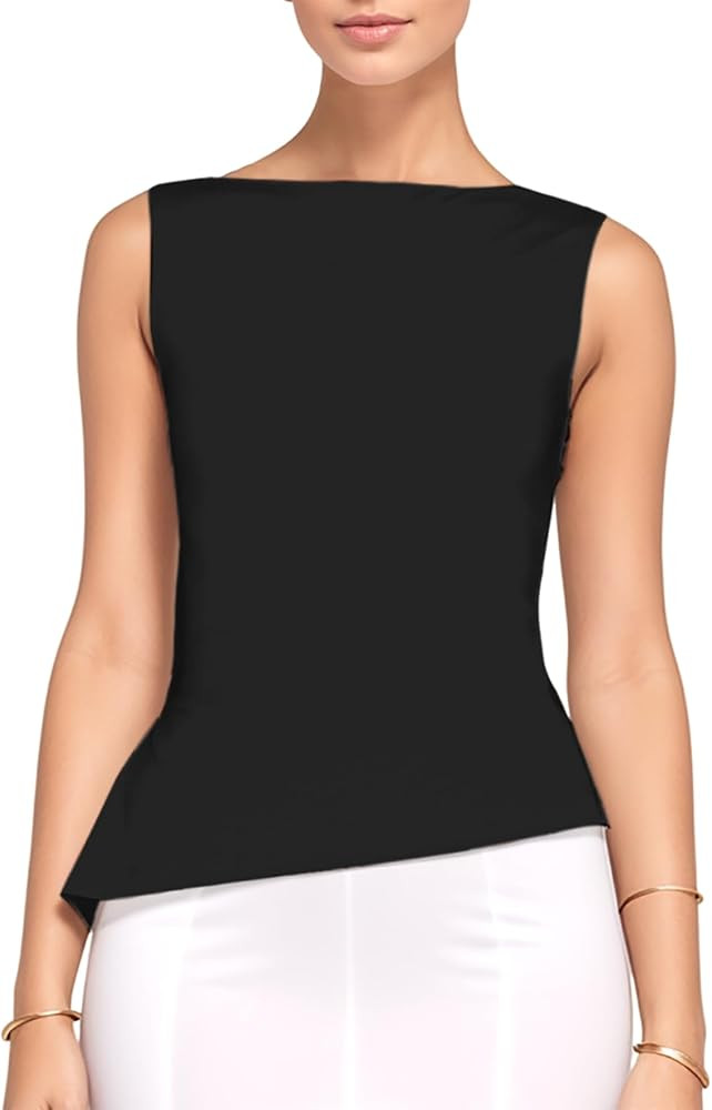 Going Out Summer Tank Tops for Women Trendy Y2k Cami Top Asymmetrical Sleeveless Boat Neck Solid ... | Amazon (US)