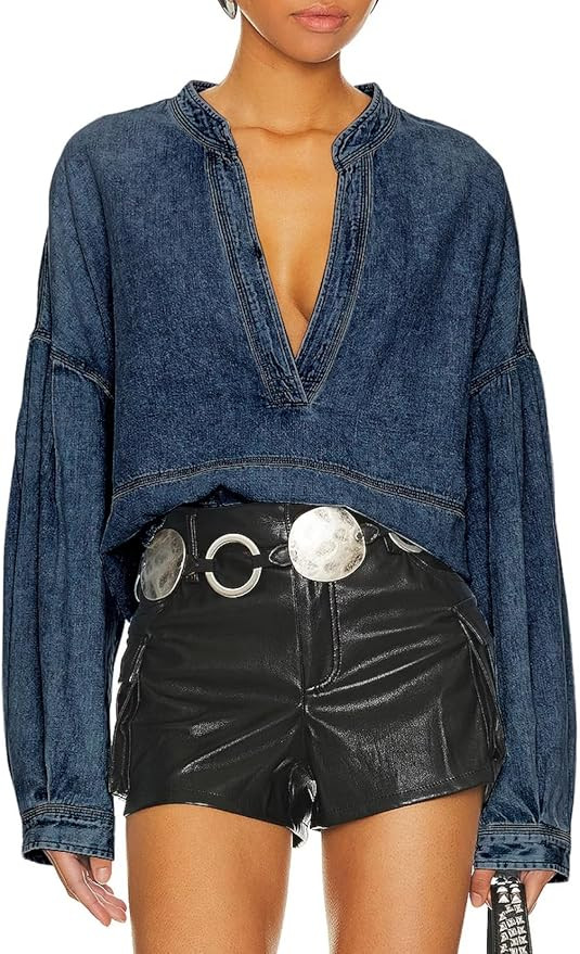 Women's Denim Pullover Deep V Neck Long Sleeve Raw Hem Loose Fit Casual Jean Tops | Amazon (US)