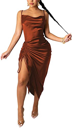 Women's Spaghetti Strap Satin Dress Sexy Backless Drawstring Ruched Split Hem Cocktail Evening Pa... | Amazon (US)
