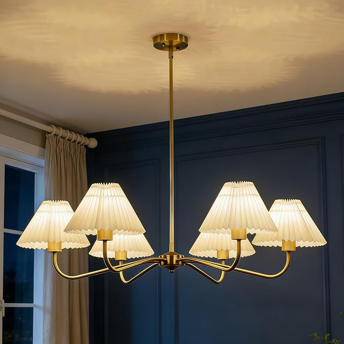 Gold Chandeliers for Dining Room, 35.8" Antique Brass Modern Chandelier with White Fabric Pleated... | Amazon (US)