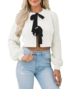 Saodimallsu Womens Cropped Cable Knit Cardigan Sweaters Long Sleeve Bow Tie Front Crew Neck Chunk... | Amazon (US)