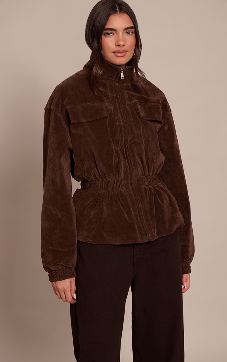 Chocolate Faux Suede High Neck Cinched Waist Jacket | PrettyLittleThing UK