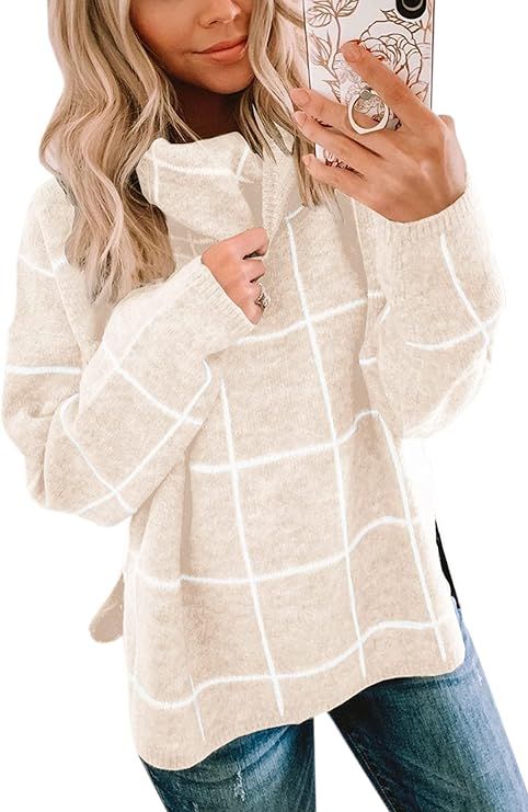 ECOWISH Women Pullover Sweater Turtleneck Plaid Long Sleeve Loose Casual Chunky Checked Knitted W... | Amazon (US)