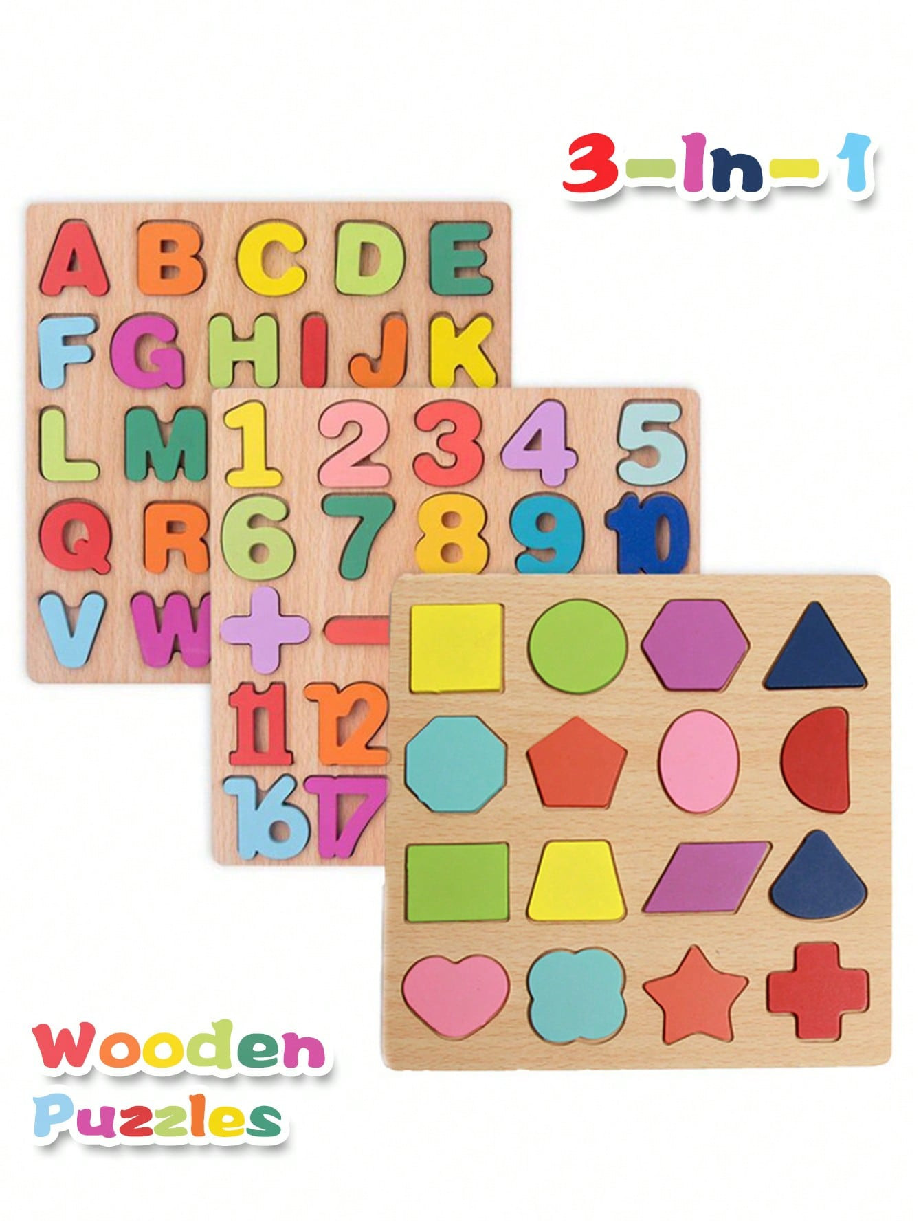3-In-1 Wooden Puzzles For Toddlers, Wooden Alphabet Number Shape Puzzles Toddler Learning Puzzle ... | SHEIN