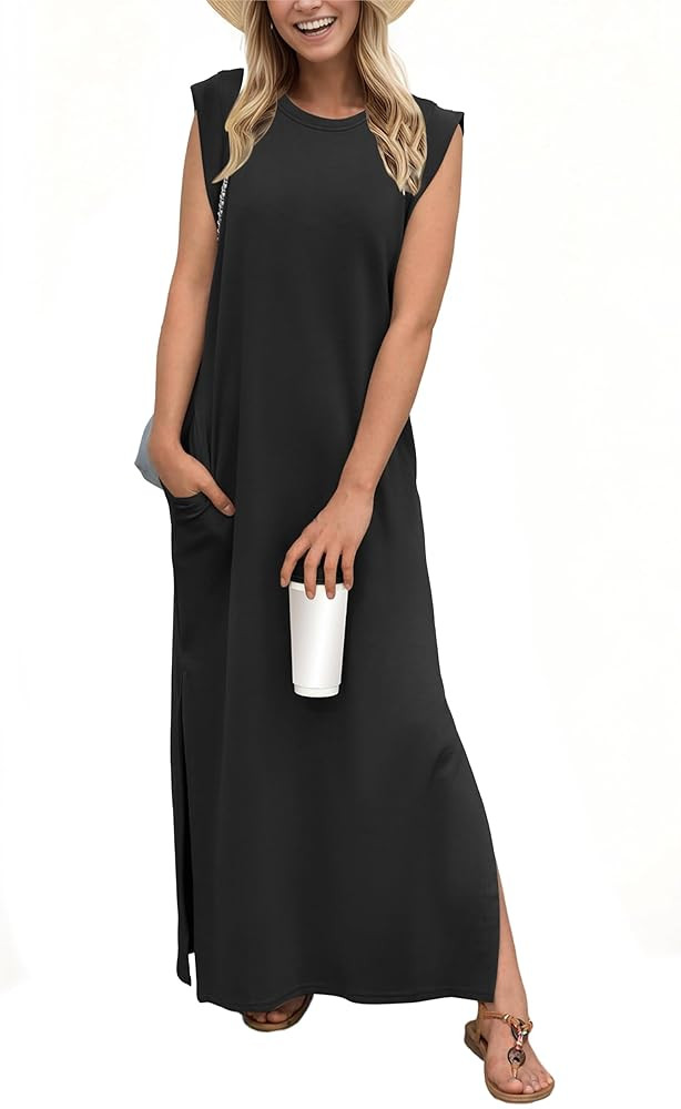 GRECERELLE Womens Summer Dresses Round Neck Sleeveless Maxi Dress Casual Loose Split Long Beach S... | Amazon (CA)