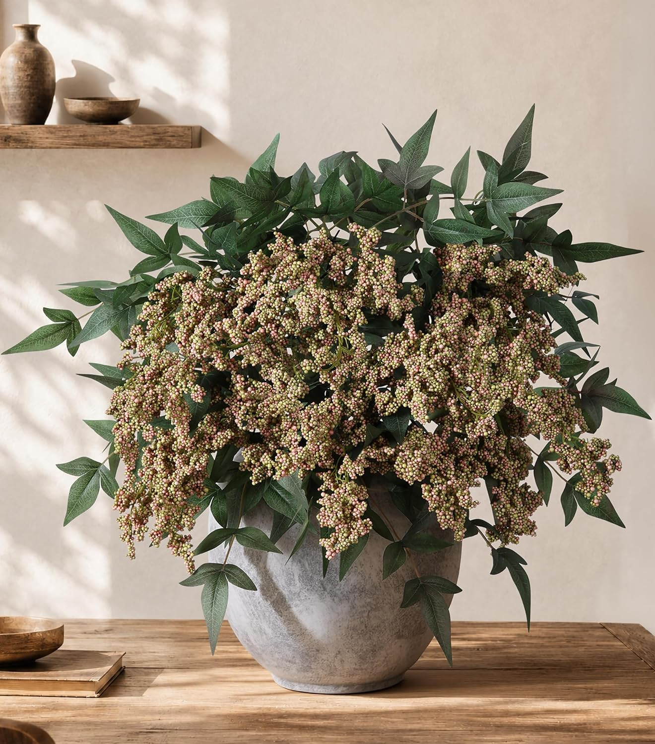 Faux Plants Indoor 3 Pcs 35 Inch Artificial Nandina Berry Stem for Vase Realistic Faux Berry Spray for Wedding Holiday Seasonal Farmhouse Mantel Harvest DIY Home Decor(Green) | Amazon (US)