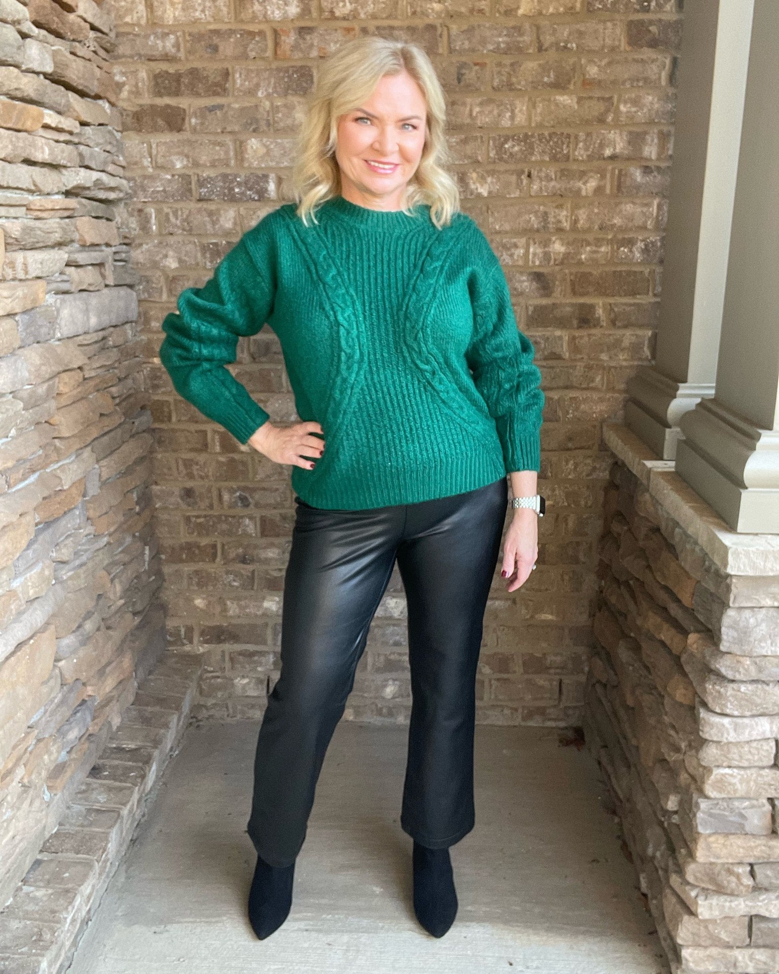Subtle nod to the holidays in this green sweater by Scoop. 
Walmart fashion
Walmart finds
Faux leather
Leather pants 
Ankle boots
Fashion over 40
Fashion over 50
Affordable fashion

Follow my shop @StyleWithSerena on the @shop.LTK app to shop this post and get my exclusive app-only content!

#liketkit #LTKGiftGuide #LTKunder50 #LTKHoliday
@shop.ltk
https://liketk.it/3X9q2

#LTKSeasonal #LTKHoliday #LTKGiftGuide
