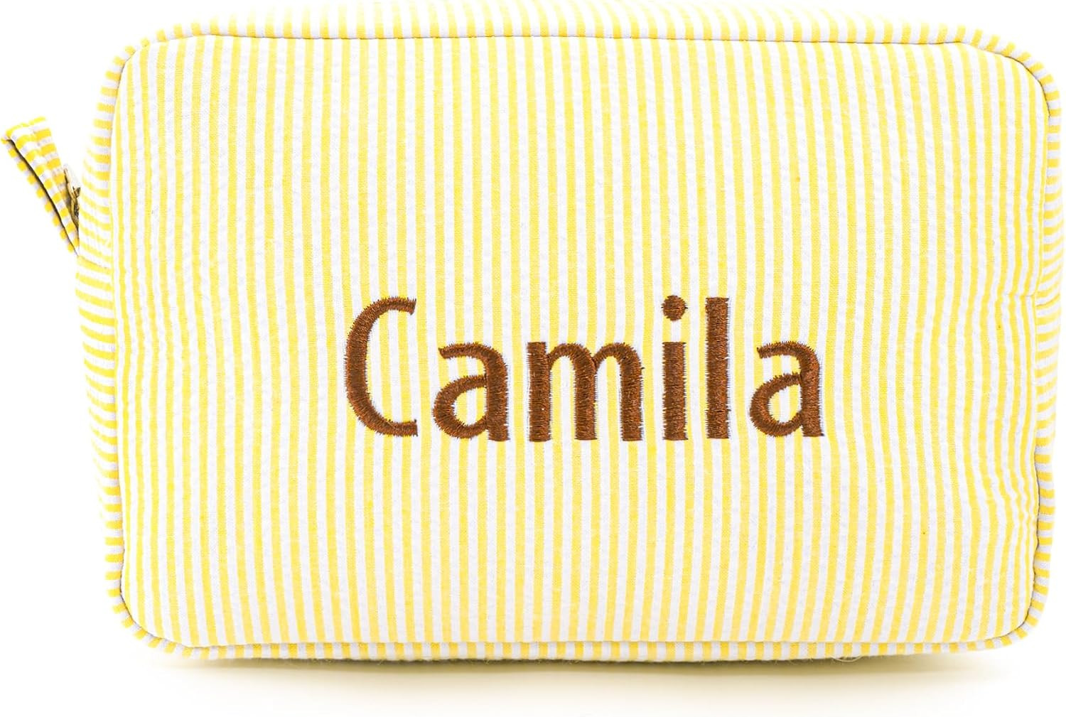 Cosmetic Bag Personalized Makeup Bag for Women Girls Seersucker Preppy Bridesmaid Makeup Bag Cute Aesthetic Toiletry Bag Girls Handbags Purses (Yellow) | Amazon (US)