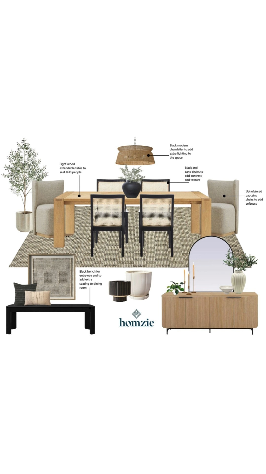 Dining room design featuring dining table, dining chairs, sideboard, decorative pillows, floor tree, decor, etc.

#LTKHome #LTKFinds #LTKFavorites #HomeStyleDaily 

 #LTKHome #LTKStyleTip #LTKFamily