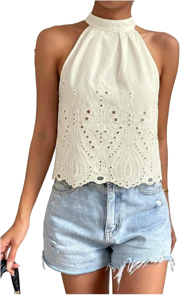 SHENHE Women's High Neck Halter Tank Tops Eyelet Hollow Out Keyhole Back Sleeveless Boho Going Ou... | Amazon (US)