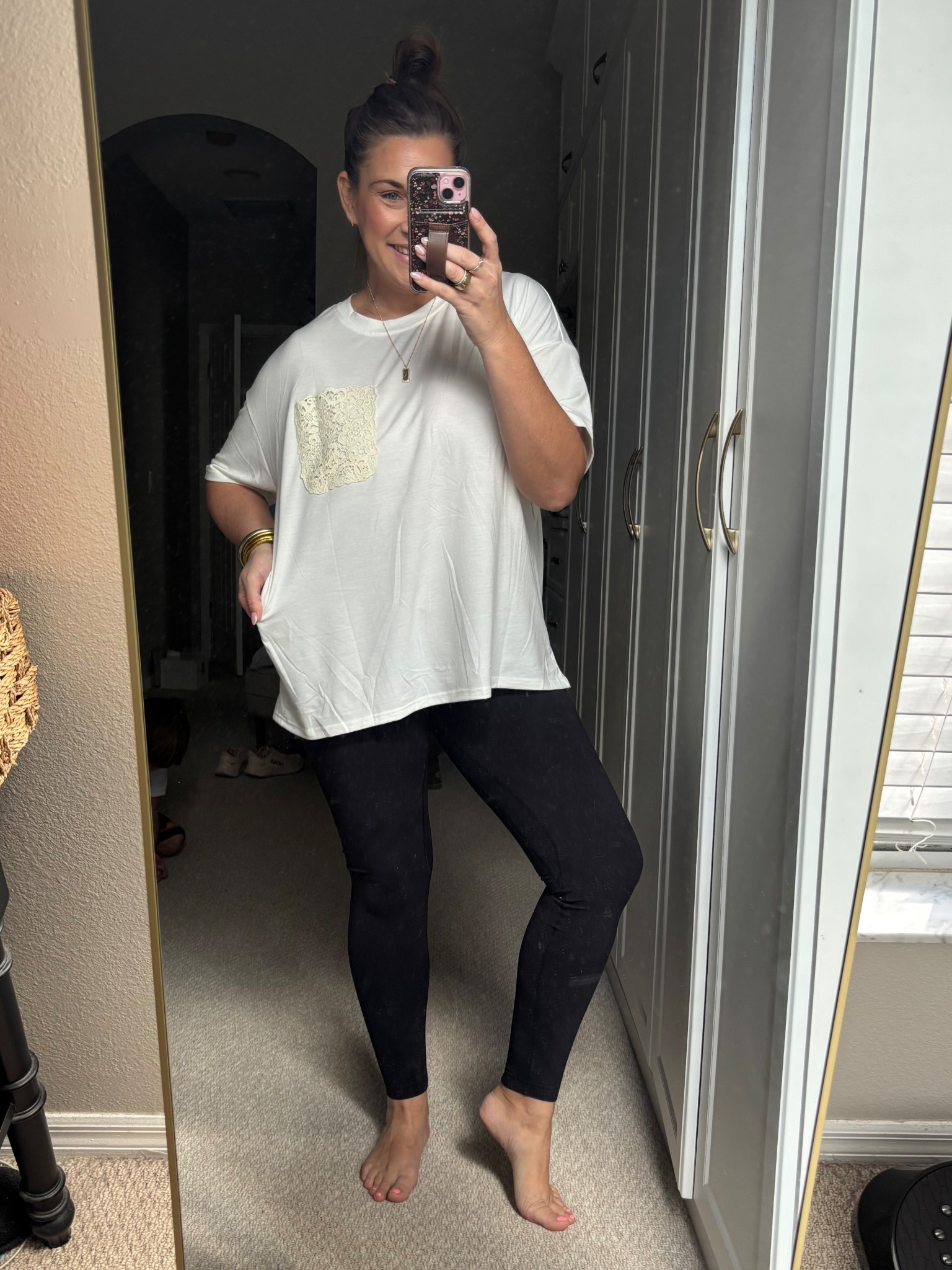 Lace pocket white tee- oversized and would be so cute paired with jeans 

TTS- medium 

#LTKmomlife #LTKootd #LTKMidsize