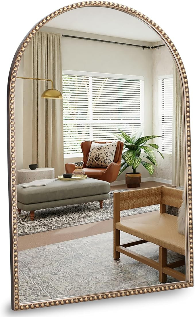 Arched Wall Mirror 24" x 36",Antique Gold Metal Beaded Frame, Decorative Accent Mirror for Bathro... | Amazon (US)