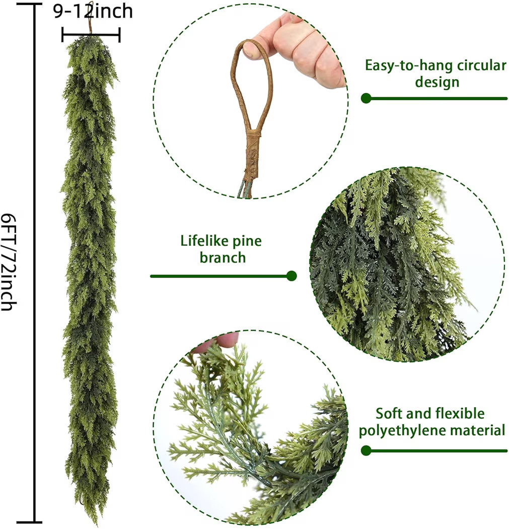 6FT 1Pcs Christmas Cedar Garland Artificial Realistic Soft Thick Green Faux Lush Cedar Pine Garla... | Amazon (US)