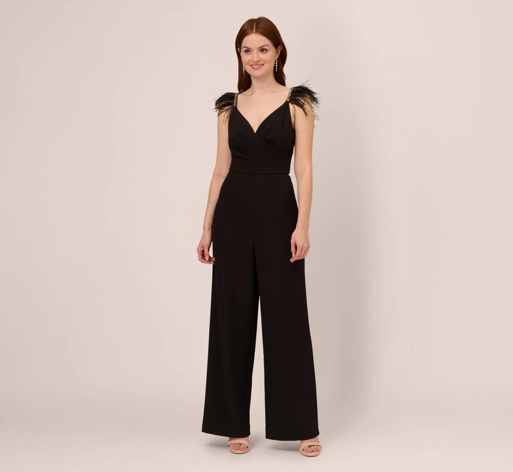 Crepe Wide Leg Jumpsuit With Bead And Feather Accents In Black | Adrianna Papell