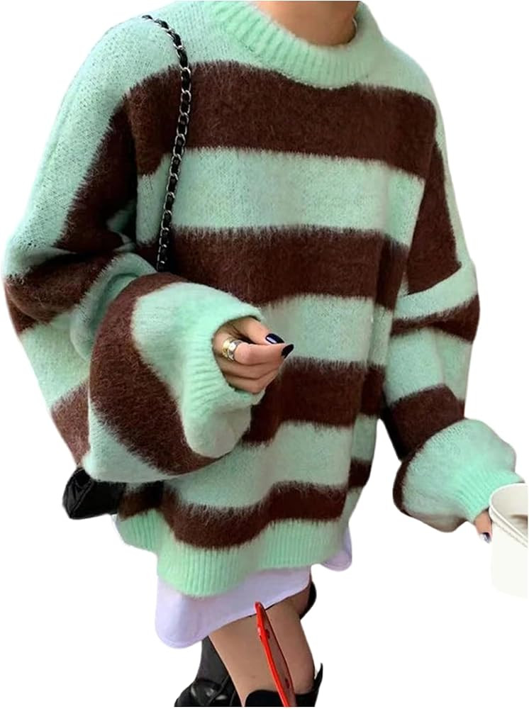 MakeMeChic Women's Fall Striped Color Block Sweater Long Sleeve Crew Neck Knitted Pullover Top | Amazon (US)
