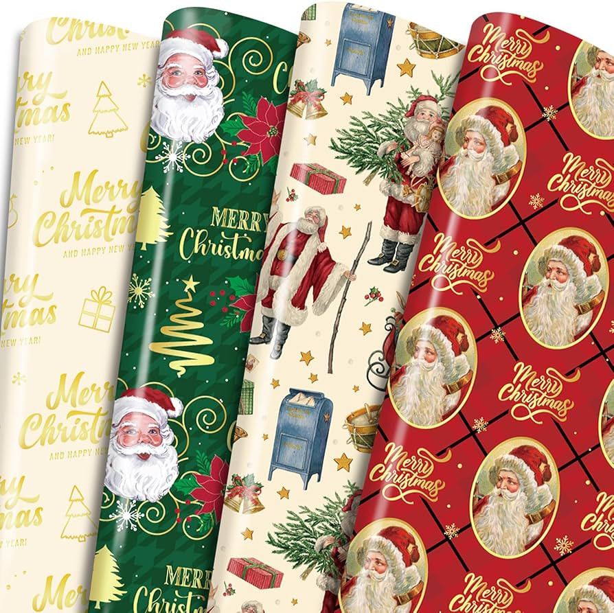 Keluna Vintage Christmas Wrapping Paper - 12 Sheets Retro Santa Claus Classic Wrapping Paper, Old... | Amazon (US)