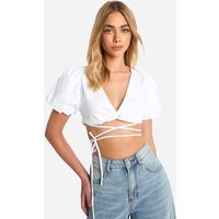 Womens Puff Sleeve Knot Front Crop Top - White - 10 | boohoo (US & Canada)