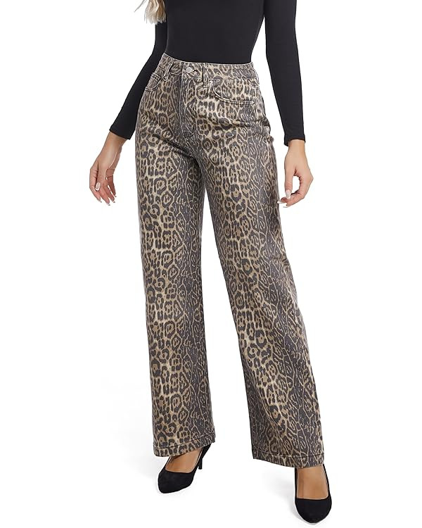 Women's Jeans Straight Leg Casual High Waisted Stretch Trendy Leopard Pull On Jeans for Women | Amazon (US)