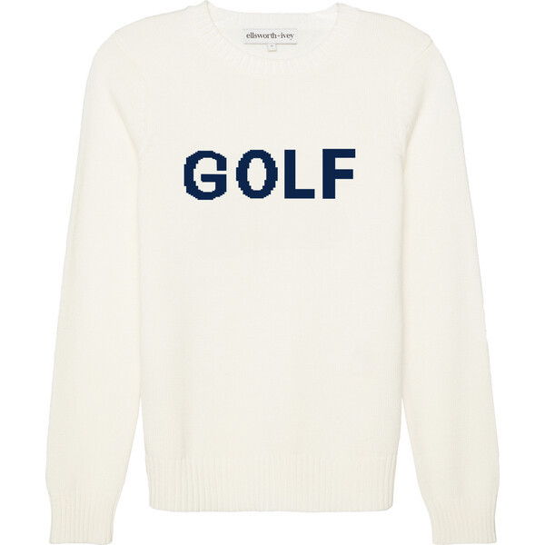 Women's Golf Ribbed Neck Long Sleeve Sweater, White & Navy | Maisonette