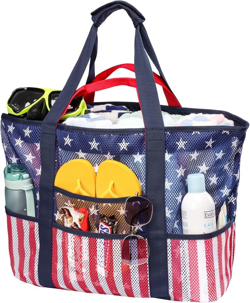 F-color Mesh Beach Bag Family - Beach Tote 9 Pockets Beach Towel Bag | Amazon (US)