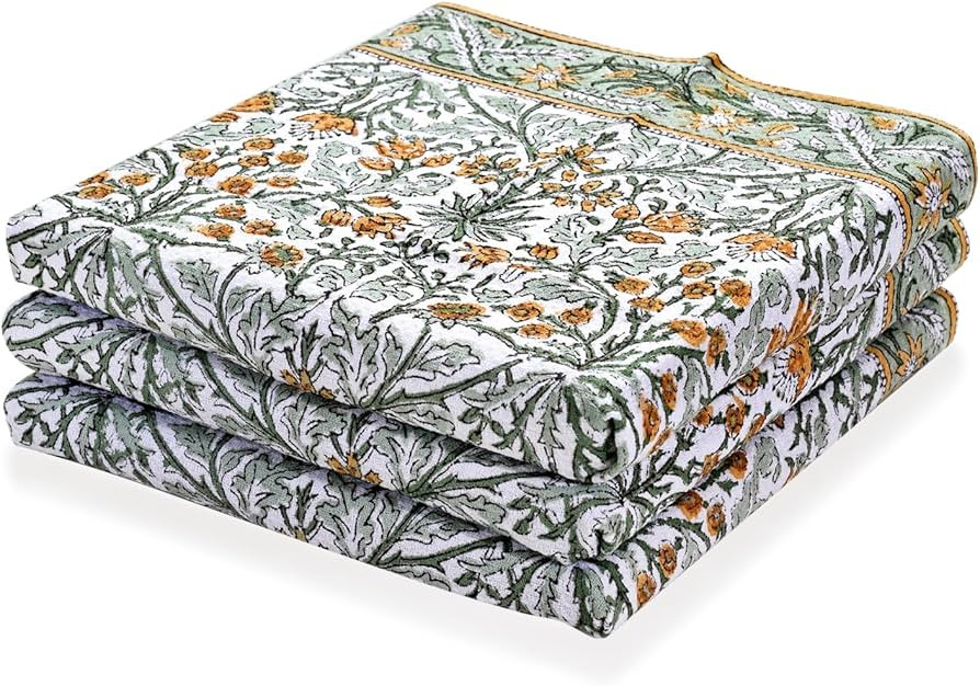 Ridhi Goldenrod Yellow Hand Block Print Waffle Kitchen Towel Set of 3-16 x28 Ultra Absorbent Quic... | Amazon (US)