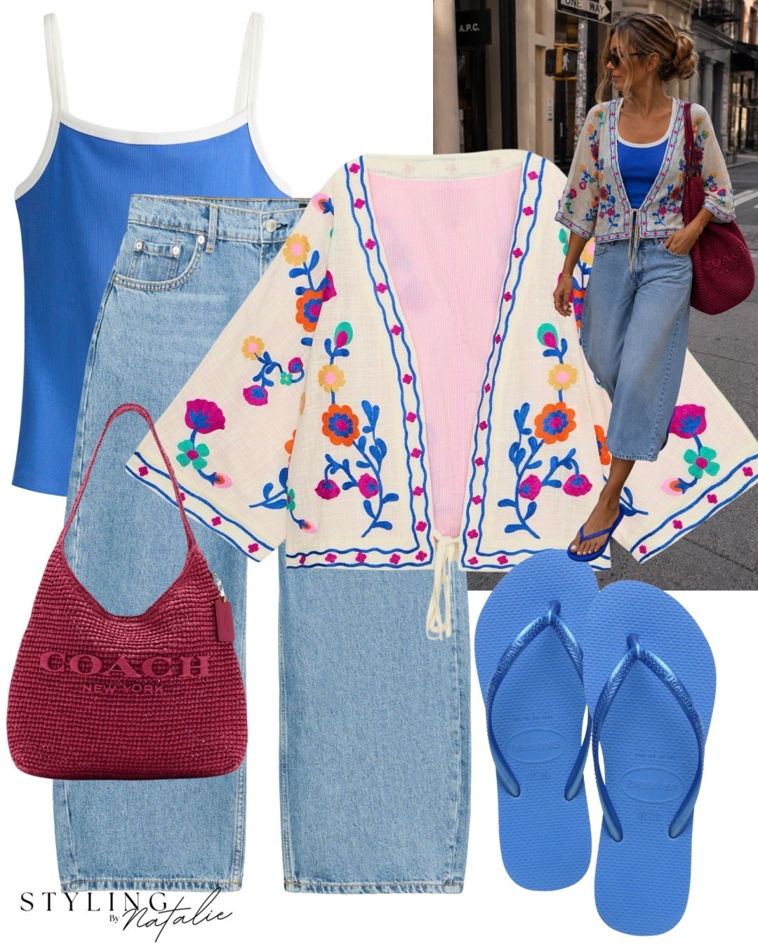 Summer brights🌺🌼💙
Floral embroidered kaftan, barrel leg denim capri jeans, blue Havaianas flip flops, Coach raffia tote bag & blue contrast piping cami vest top. 
Summer outfit, pop of colour, bold outfit, everyday casual chic, Zara @Zara

#LTKsummer #LTKuk #LTKjeans