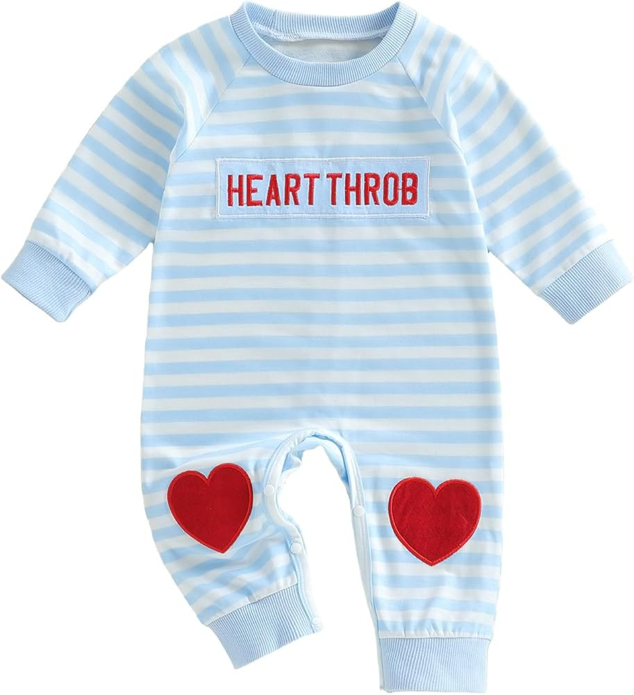 Muasaaluxi Newborn Baby Girl Boy Valentines Day Outfit Long Sleeve Heart Embroidery Romper Stripe... | Amazon (US)