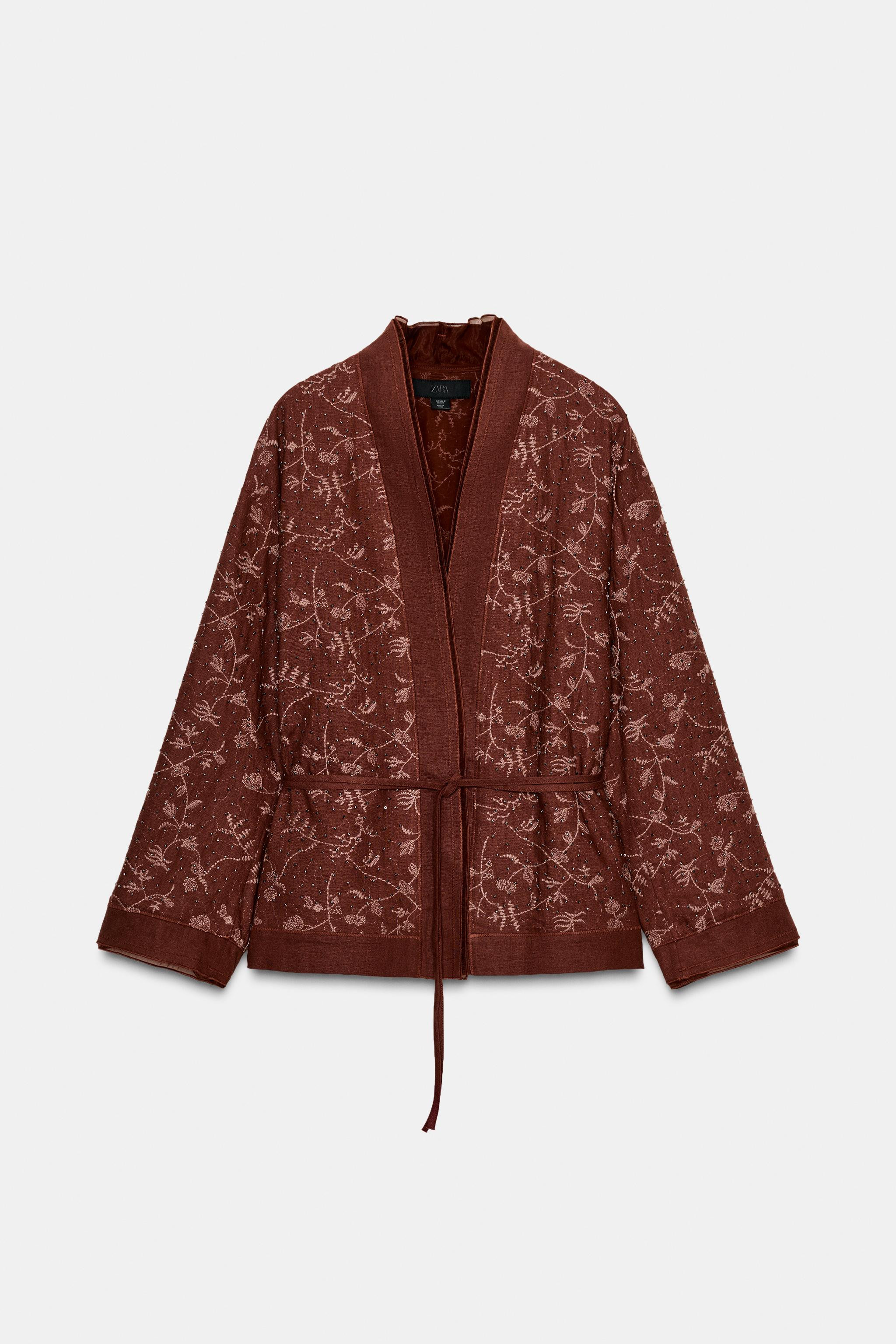 ZW COLLECTION LINEN EMBROIDERED KIMONO | Zara US