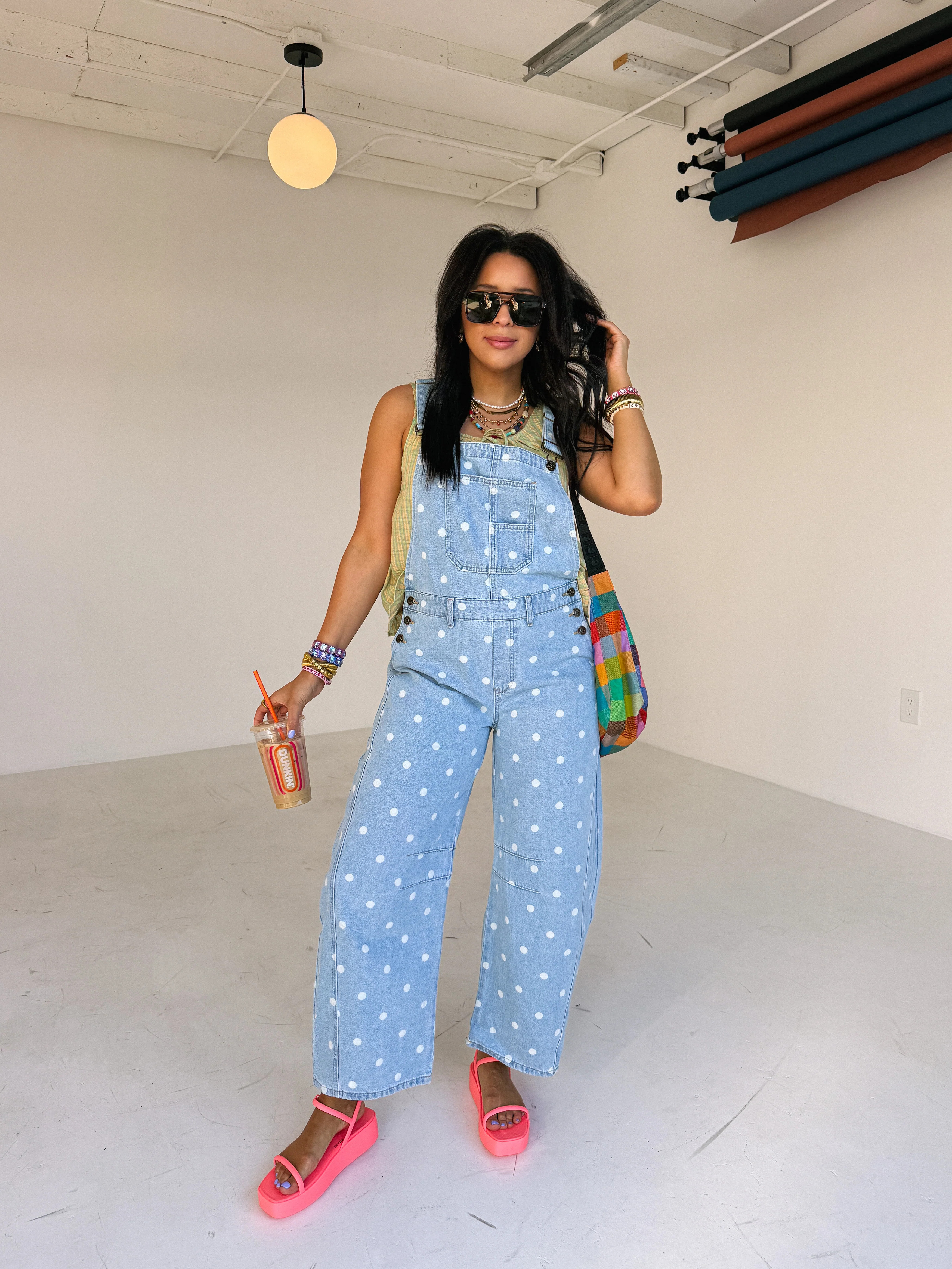 denim polka dot barrel leg overalls | Etta+East