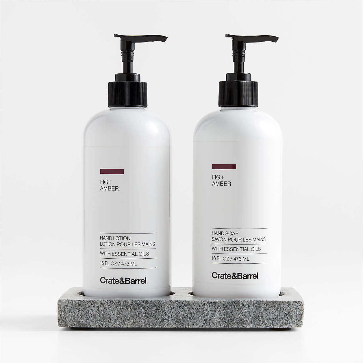 Fig + Amber Hand Soap and Lotion Set with Hayes Caddy + Reviews | Crate & Barrel | Crate & Barrel