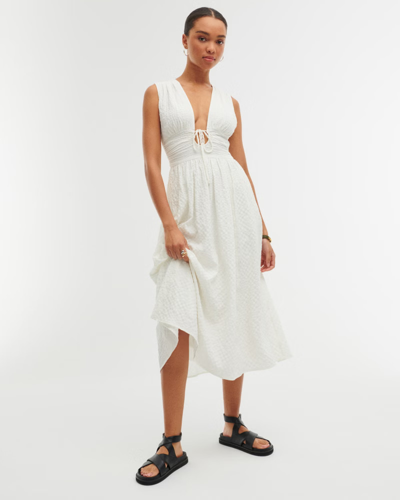 Seersucker Ruched Midi Dress | Abercrombie & Fitch (US)