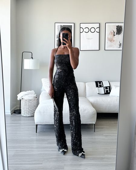 Black sequin jumpsuit, sparkly jumpsuit, NYE outfit, wearing a small 

#LTKitbag #LTKHoliday #LTKshoecrush