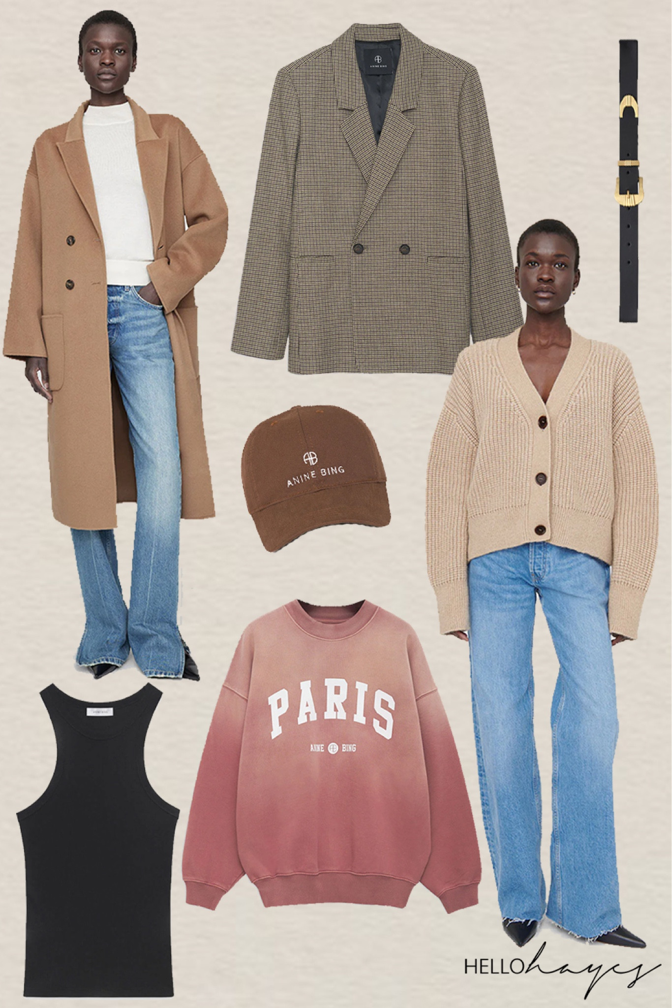 Fall outfit ideas and essentials from Anine Bing

Wide leg jeans, camel wool coat, houndstooth plaid blazer, brown baseball cap, Paris sweatshirt, black tank top, Rolling Stones tee shirt, black belt, tan cardigan sweater

#LTKstyletip #LTKfindsunder100