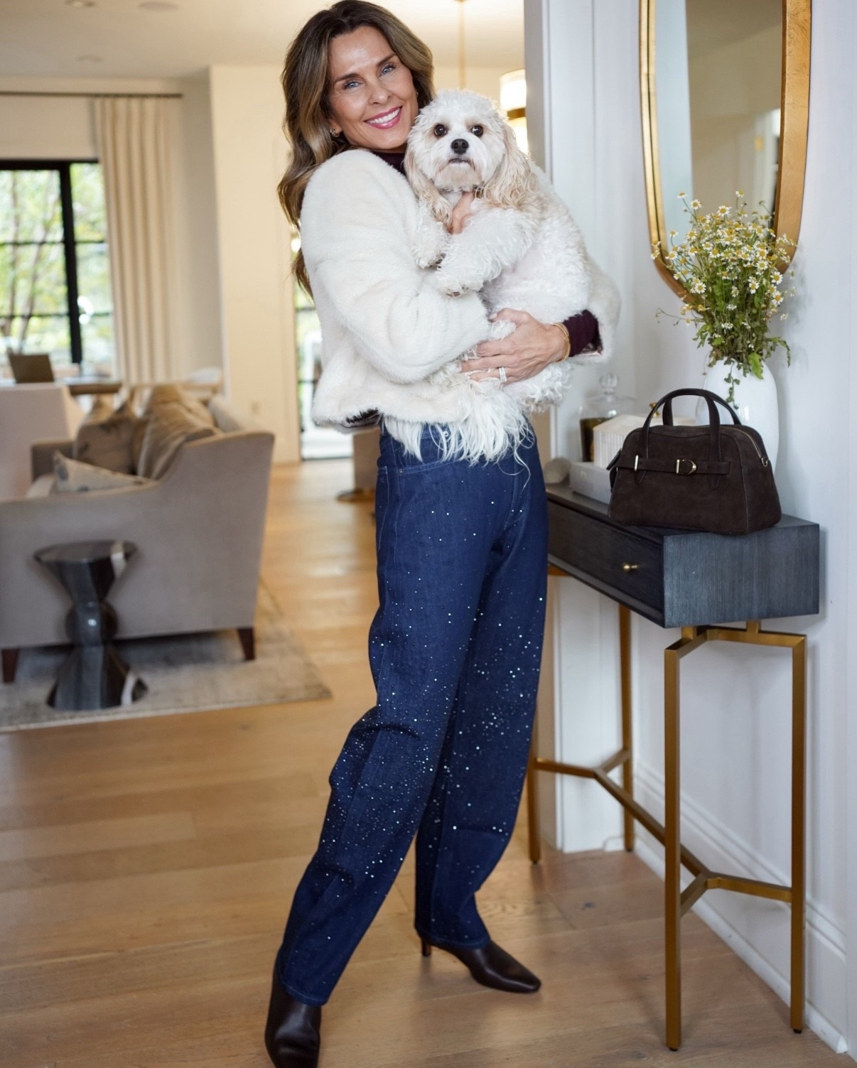 I’m 5’6”
-Madewell. These sparkle jeans are soft and comfortable! 
-Jcrew fur sz XS reg length
-booties TTS
-cute suede bag 


#LTKOver40 