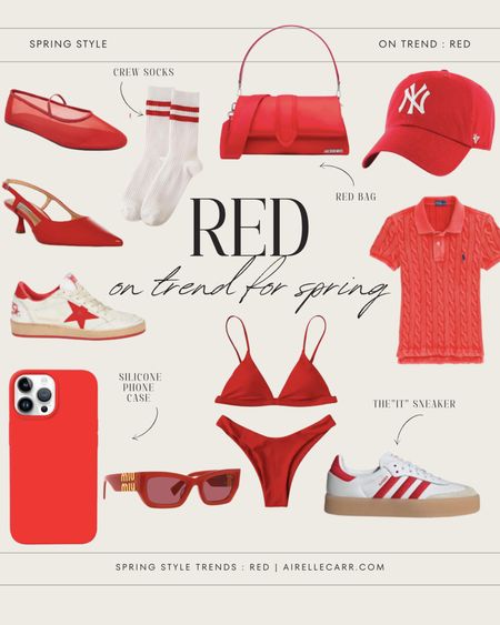 Spring trends red 
Red sneakers 
Red bikini 
Red phone case 
Red miu miu sunglasses 
Red bag 
Red hat 
Red socks 

#LTKSeasonal #LTKshoecrush #LTKstyletip