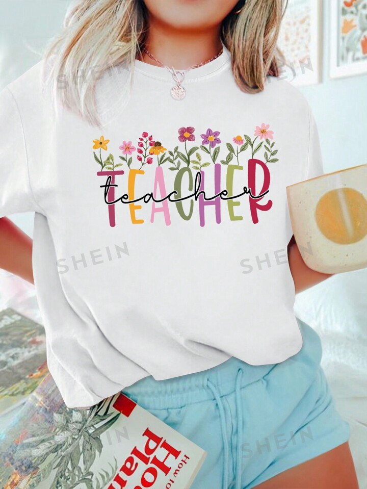 SHEIN EZwear Women Summer Casual Flower & Letter Printed Short Sleeve T-Shirt | SHEIN
