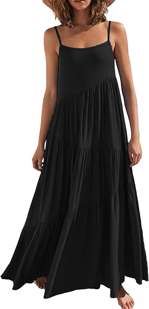 Women Summer Spaghetti Strap Sleeveless Casual Flowy Beach Vacation 2025 Maxi Dress | Amazon (US)