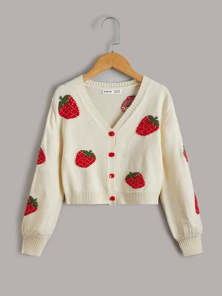 SHEIN Kids Y2Kool Girls Strawberry Pattern Drop Shoulder Cardigan | SHEIN