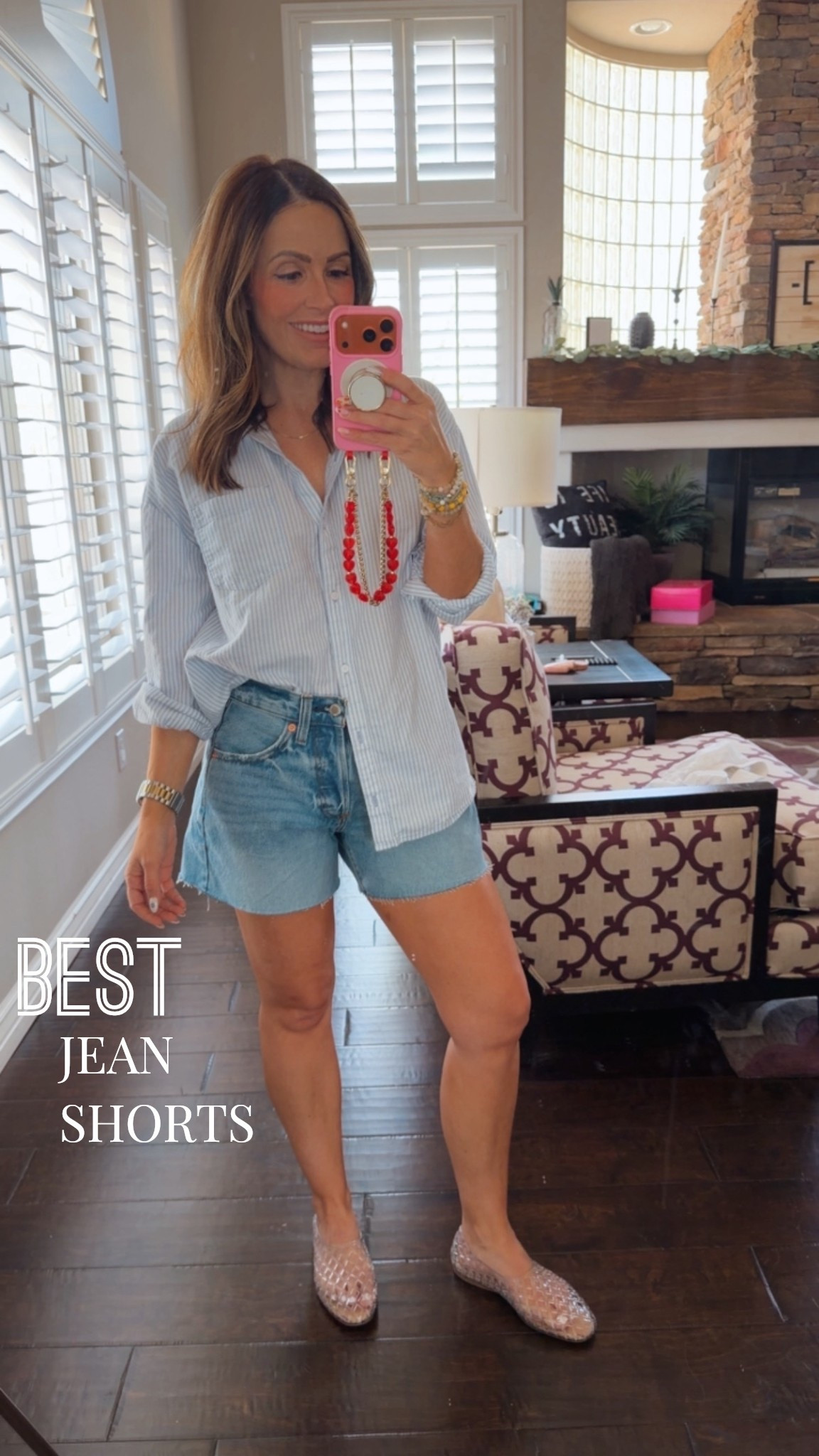 Spring/summer outfit staples: denim shorts & boyfriend button down. 

Shorts are a baggy fit- I’m wearing my normal size 2. They have a button fly that I love!  

#LTKgrwm #LTKootd #LTKOver40