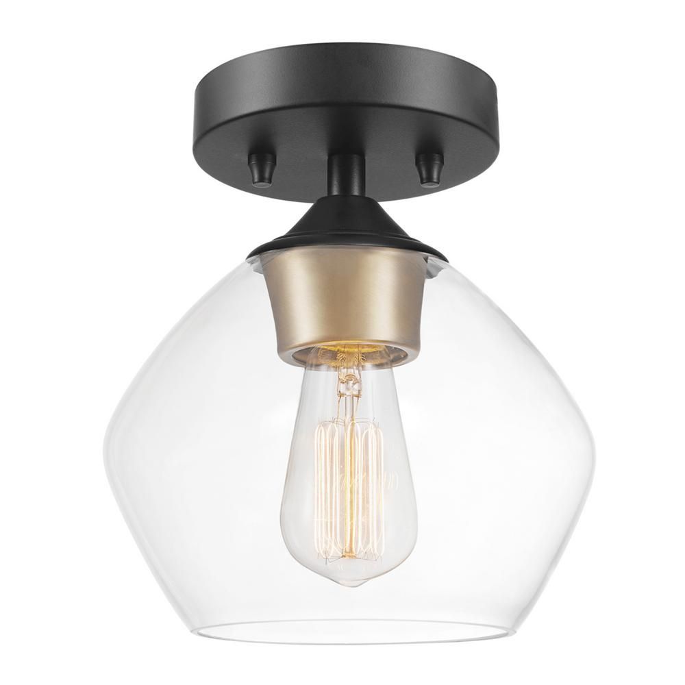 Globe Electric Harrow 1-Light Matte Black Semi-Flush Mount Ceiling Light with Gold Accent Socket ... | The Home Depot